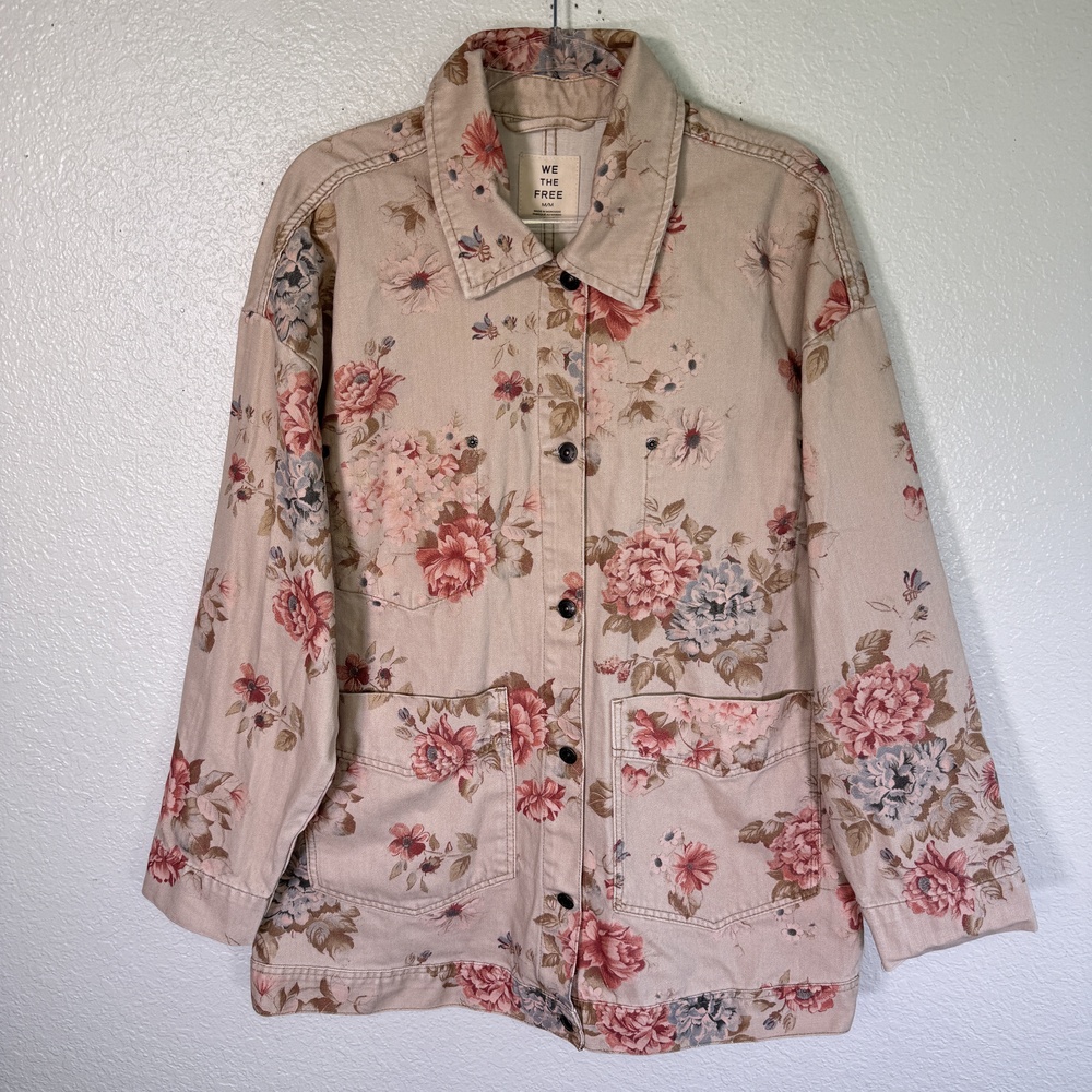 Free People Avery Denim Jacket Womens Medium Floral Chore Barn Coat Boho Retro